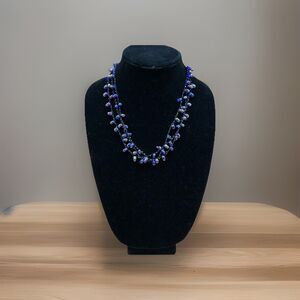 Boho Beaded Necklace Iridescent Purple Blue Glass Beads Layered Vintage Jewelry